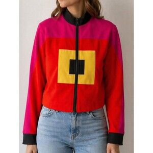 VTG Morgan Miller Colorblock 100% wool Zip Jacket Size 4 Red Pink Geometric